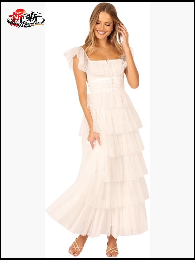 Tulle Maxi Dress Square Neckline Ruffle Straps Front Cut Out Shirred Waist